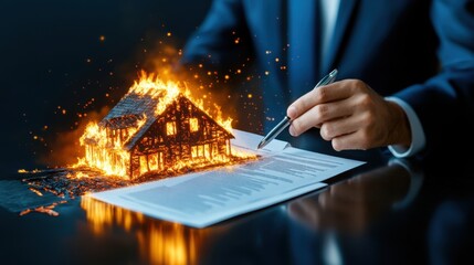A businessman looks concerned as he signs documents, with a burning house visualizing a serious disaster.