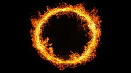 Close-up of a blazing ring of fire, flames crackling in a vivid circular shape, casting warm light in a dark setting.