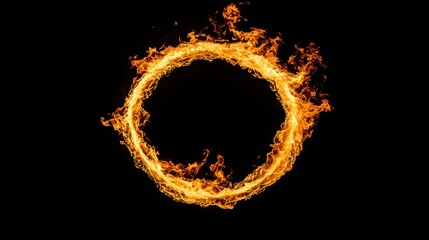 Close-up of a blazing ring of fire, flames crackling in a vivid circular shape, casting warm light in a dark setting.