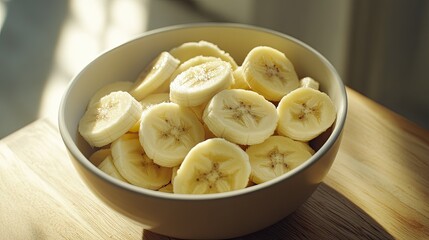 Close-up of a bowl of banana slices on a wooden table, with natural lighting highlighting the freshness and detail of each piece