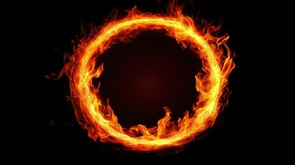Close-up of a ring of fire with vivid flames burning fiercely, curling upward in a circular pattern, glowing against black.