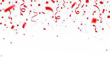 Luxury red confetti and carnival ribbons with red color glitter. Shiny carnival decoration background