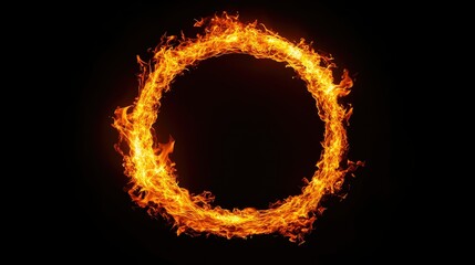 Close-up of a ring of fire with vivid flames burning fiercely, curling upward in a circular pattern, glowing against black.