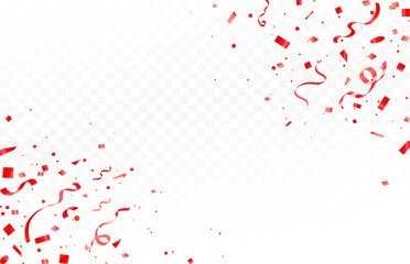 Celebration background template with confetti and red ribbons. Shiny carnival decoration. Bright festive tinsel of red color.