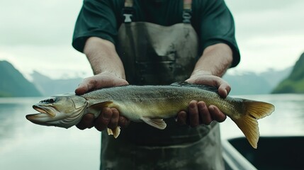 Close-up of fisherman holding a large fish in both hands, shimmering scales visible, with a scenic lake in the background.