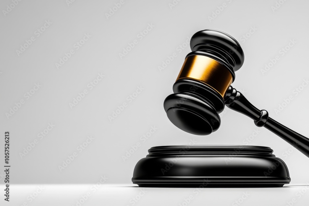 Poster 2d illustration of a gavel with simple lines on a white background, capturing the essence of justice