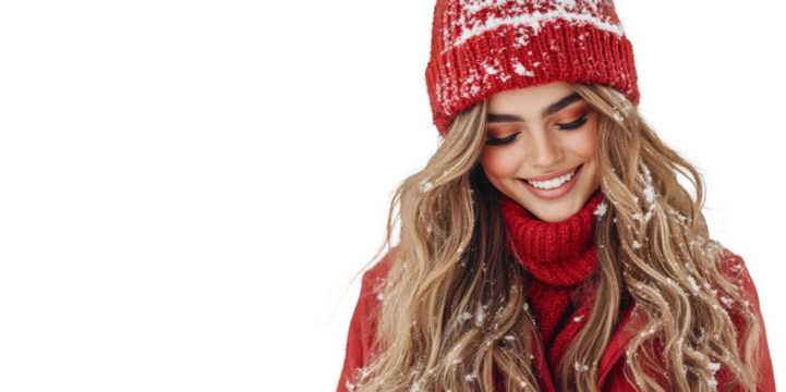 Woman in Red Knitted Hat Smiling on White Background