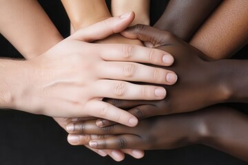 A diverse group of hands stacked together, symbolizing unity, diversity, and collaboration, contrasted against a dark background.