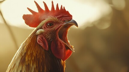 A proud, red cockerel with a vibrant crest stands tall in a close-up portrait