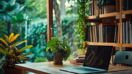 Obraz premium Modern Home Office with Plants and Laptop