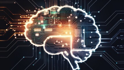 Illustration of a brain with digital circuitry, symbolizing intelligence and innovation.