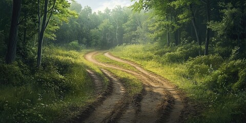 Obraz premium A rugged dirt path marked by shallow tire impressions runs through a summertime landscape filled with lush green trees and vibrant nature surrounding it.