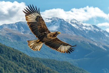 Fototapeta premium An eagle soars through the sky in front of a snow-capped mountain range.