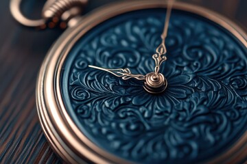 A close-up of a vintage pocket watch featuring an intricately designed blue face and ornate golden hands, resting on a wooden surface.