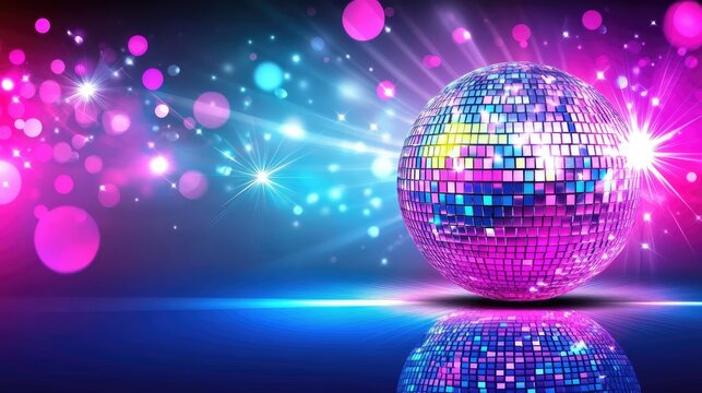 Disco mirror ball sparkling in a dim room, reflecting a mix of pink, blue, and purple lights, creating a festive and glamorous ambiance