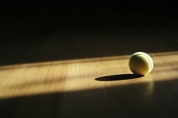 A solitary tennis ball resting on a wooden surface, illuminated by soft lighting, creating an atmosphere of focus and tranquility.