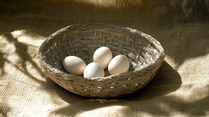 Farm-fresh chicken eggs arranged in a woven wicker basket, placed on burlap with a warm, rustic setting and soft lighting.