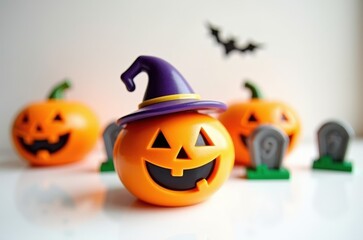 Halloween holiday toy pumpkins, toy caps, toy graves, toy candles,