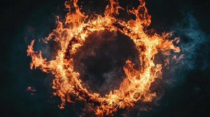 Fototapeta premium Fiery ring with bright, intense flames forming a perfect circle, burning against a dark background, capturing the energy of roaring fire.