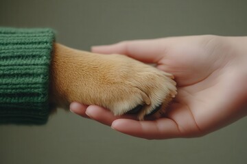 Obraz premium A human hand gently holds a dog's paw, symbolizing love and companionship between pets and their owners.