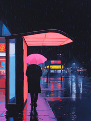 Nighttime Bus Stop with Glowing Lights and Rain