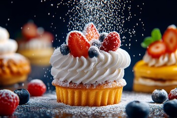 Detailed image of sugar being sprinkled over pastries, with close-up of sugar granules catching light, capturing the beauty of dessert preparation, symbolizing indulgence and precision