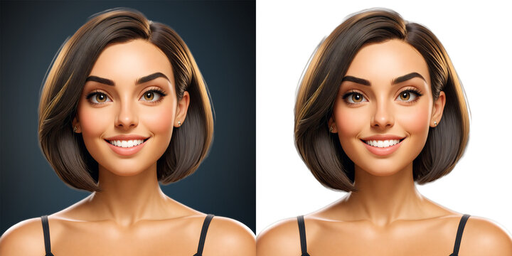 3D character portrait of a young woman with shoulder-length blonde hair in a bob cut with bangs, natural makeup, black strapless top, big smile, isolated on a transparent background.