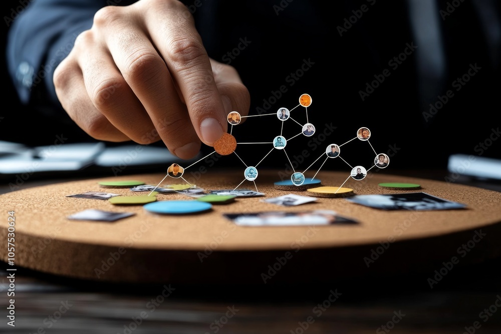 Aufkleber Detectives analyzing crime scene photos pinned to a corkboard, with lines and notes connecting clues, capturing the methodical nature of solving a case, symbolizing analysis and persistence