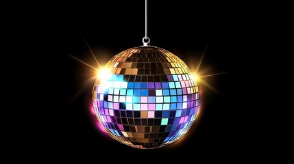 Obraz premium Hanging disco ball reflecting blue, purple, and gold lights onto a dark background, with soft glow and scattered reflections