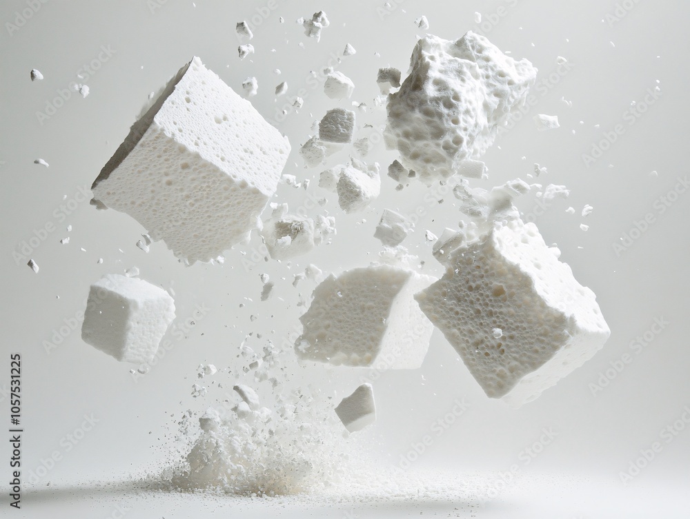 Poster a dynamic explosion of white sugar cubes breaking apart, highlighting the texture and structure of s
