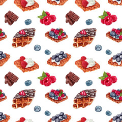 Seamless pattern of hand-painted watercolor illustrations of croffles topped with blueberries and raspberries.