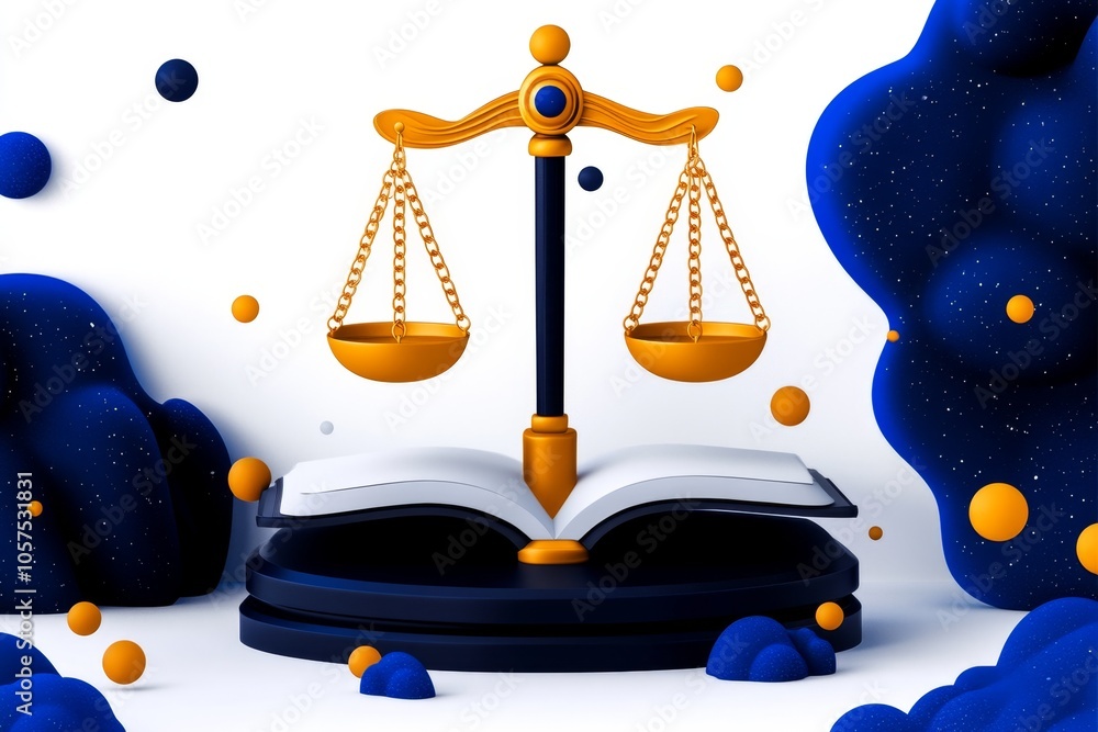 Poster Flat 2D depiction of a law book open on a table, with clean, bold lines representing knowledge and order on a white background, symbolizing simplicity and wisdom