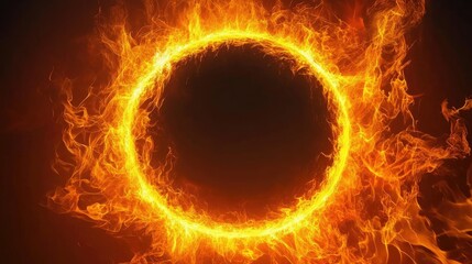 Fototapeta premium Ring of fire with bright, energetic flames forming a perfect circle, against a black background, glowing orange.