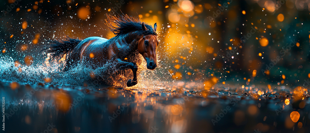 Poster majestic friesian horse with flowing mane splashes through sunlit river, creating dynamic and vibran
