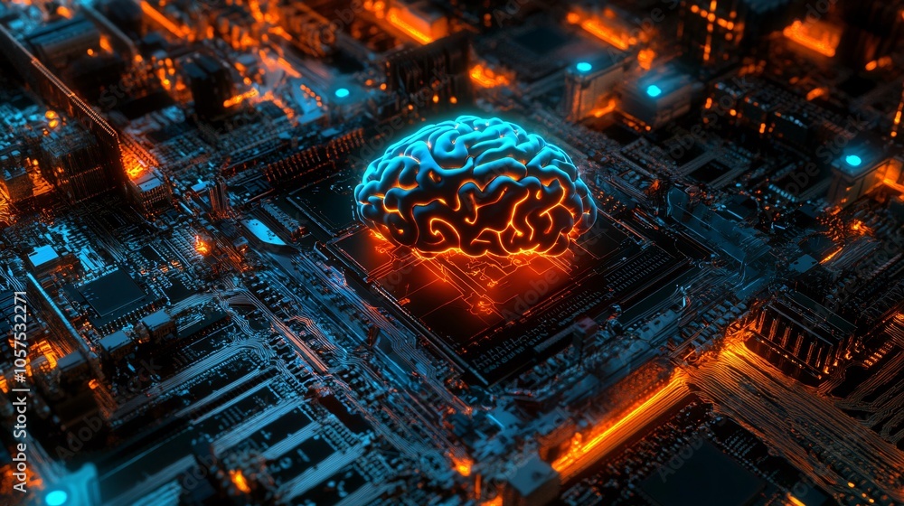 Poster an artistic representation of a glowing brain on a circuit board, symbolizing artificial intelligenc