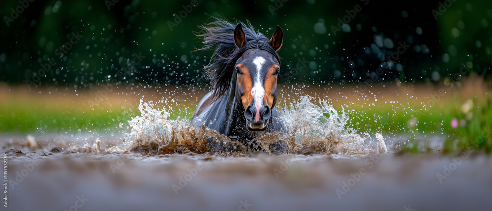 Poster majestic Friesian horse with flowing mane splashes energetically through water, creating dynamic and powerful scene. horse movement is captured beautifully against lush green background