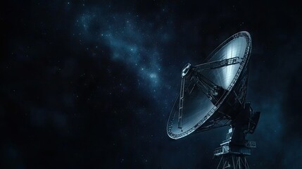 Satellite dish directed at an open sky filled with stars, symbolizing connectivity to space in a remote, peaceful setting