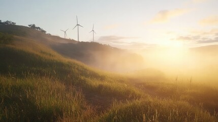 Obraz premium Series of wind turbines on a hillside under a peaceful dawn sky, with soft light illuminating the landscape and early morning mist