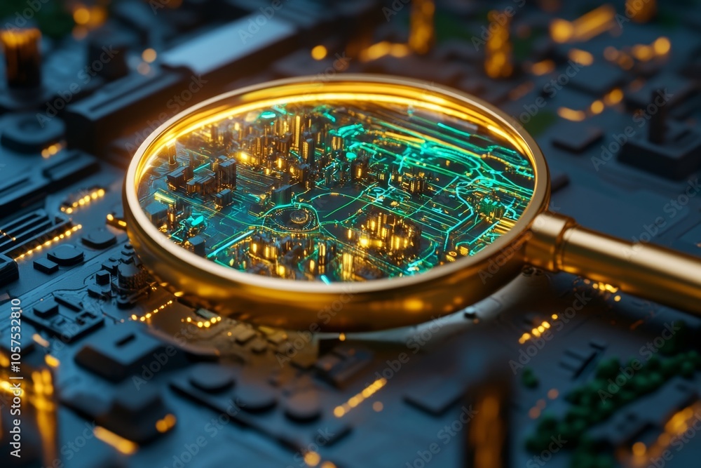 Poster Holographic magnifying glass hovering over a digital map with data points, capturing the futuristic approach to investigations, symbolizing precision and innovation