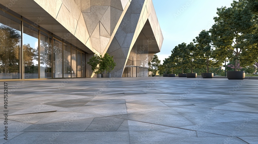 Poster empty concrete floor with polygonal shape design of modern building exterior.