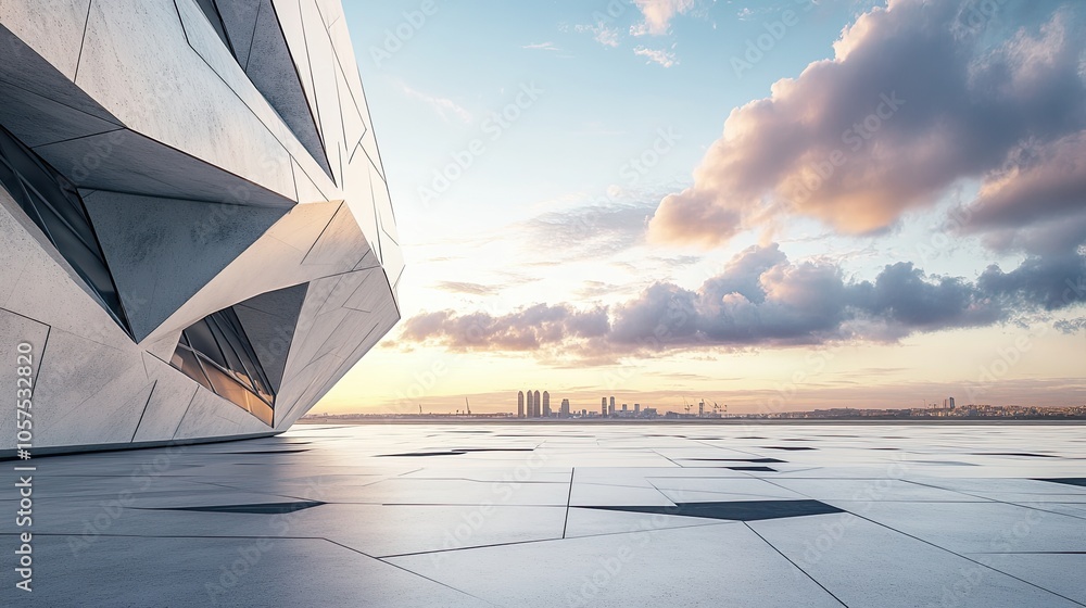 Poster empty concrete floor with polygonal shape design of modern building exterior.