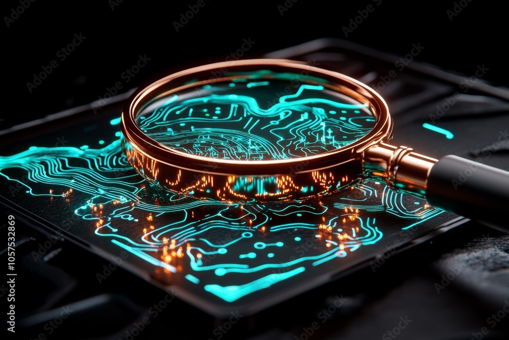 Poster Holographic magnifying glass hovering over a digital map with data points, capturing the futuristic approach to investigations, symbolizing precision and innovation