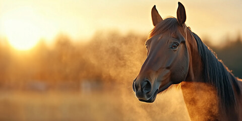 Naklejka premium majestic horse stands in sunlit field, its breath visible in crisp morning air, creating serene and peaceful atmosphere