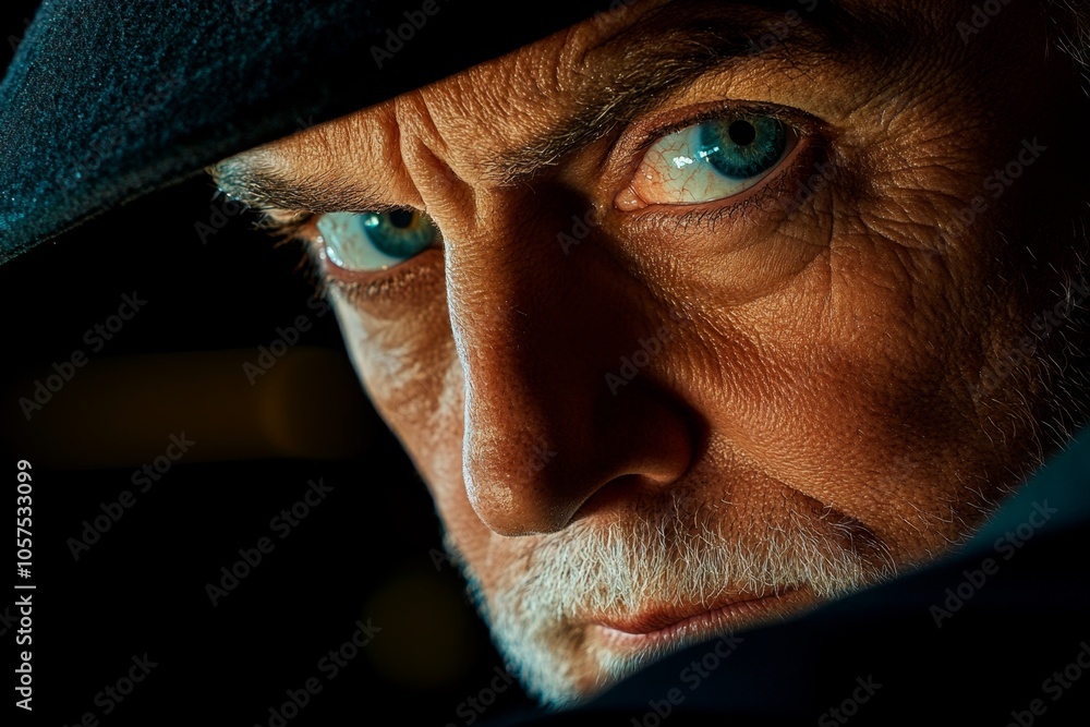 Poster Hyper-realistic close-up of a suspectâ€™s face with intense shadows and fine details capturing nervousness and unease, symbolizing authenticity and suspense