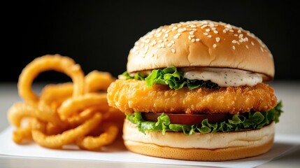Crispy Fish Burger with Onion Rings on Plate