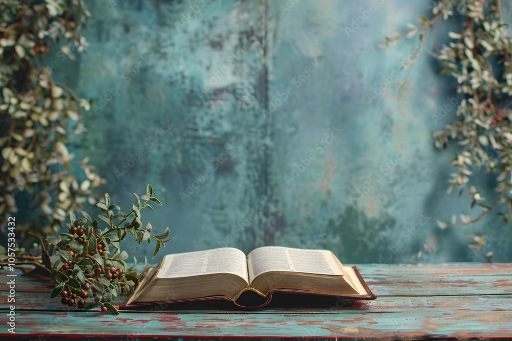 Poster open book surrounded by greenery on a rustic table