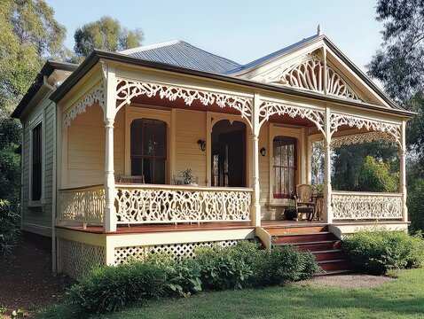  Traditional verandah with timber posts and decorative lacework, wrapping around house front for a charming, vintage look.