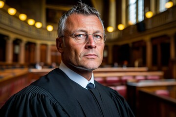 Obraz premium Judge in robes standing in a courtroom, with a serious expression that reflects the responsibility of upholding justice, symbolizing authority and respect