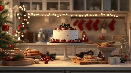 Festively decorated kitchen with a Christmas cake and treats, showcasing holiday spirit and culinary delight by warm lighting