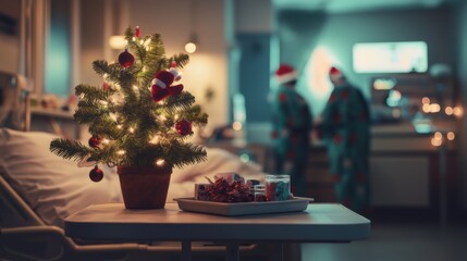 Christmas celebration in a hospital with a small decorated tree and two healthcare workers in festive attire